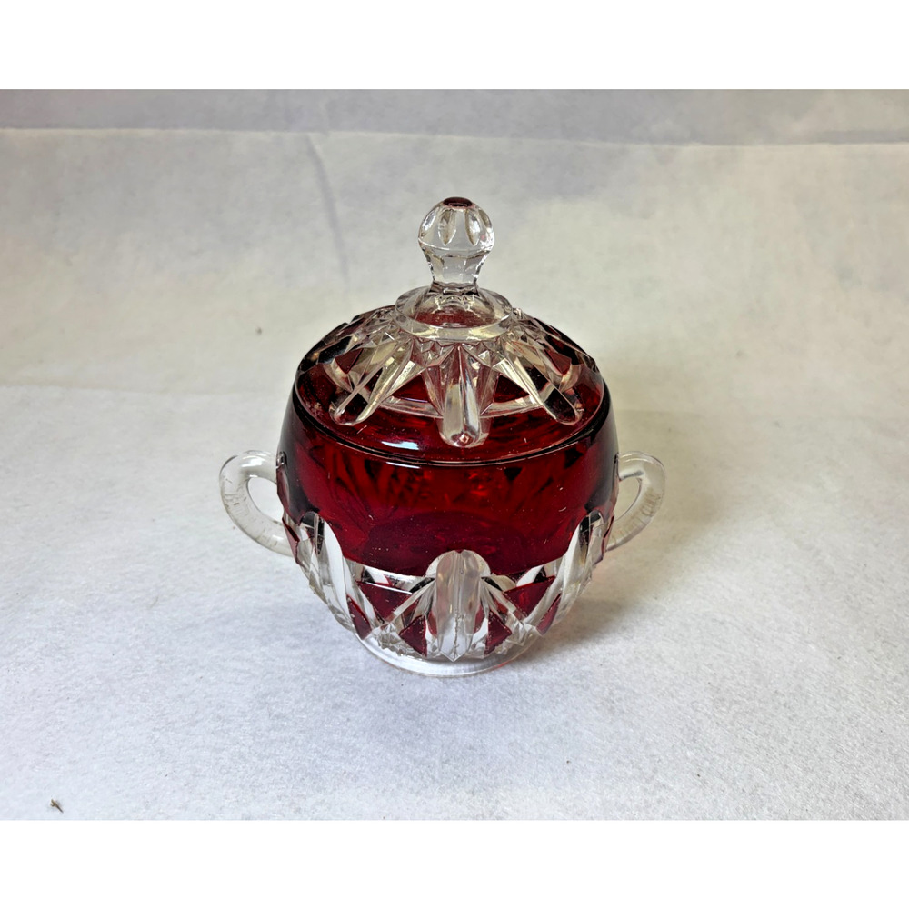 Ruby Stained Pressed Glass Covered Sugar Bowl Vintage Lidded Dish Two Handles